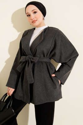 Kruvaze Yaka Kuşaklı Kaşe Ceket Füme - SAS