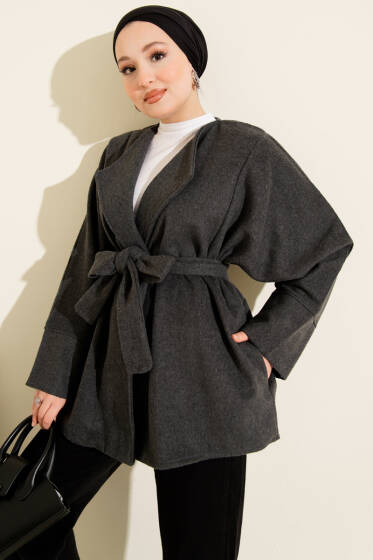 Kruvaze Yaka Kuşaklı Kaşe Ceket Füme - Ceket