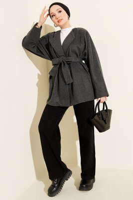 Kruvaze Yaka Kuşaklı Kaşe Ceket Füme - Ceket