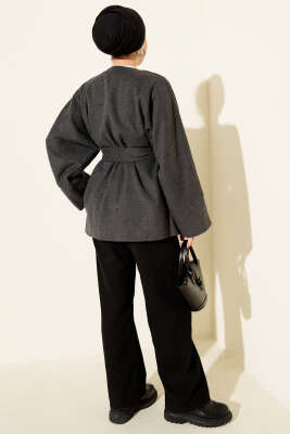 Kruvaze Yaka Kuşaklı Kaşe Ceket Füme - Ceket