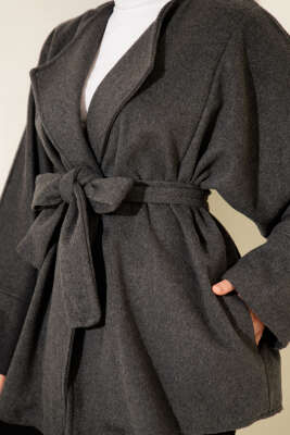 Kruvaze Yaka Kuşaklı Kaşe Ceket Füme - Ceket