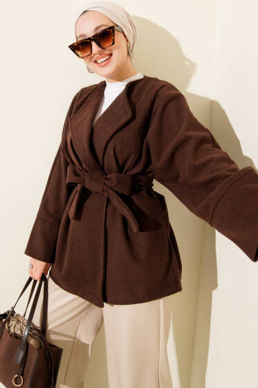 Kruvaze Yaka Kuşaklı Kaşe Ceket Kahve - Ceket