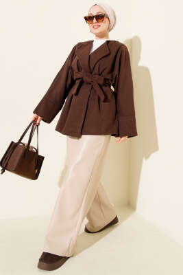 Kruvaze Yaka Kuşaklı Kaşe Ceket Kahve - Ceket