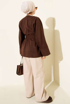 Kruvaze Yaka Kuşaklı Kaşe Ceket Kahve - Ceket