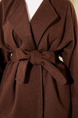 Kruvaze Yaka Kuşaklı Kaşe Ceket Kahve - Ceket