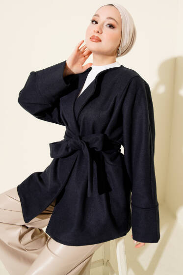 Kruvaze Yaka Kuşaklı Kaşe Ceket Lacivert - Ceket