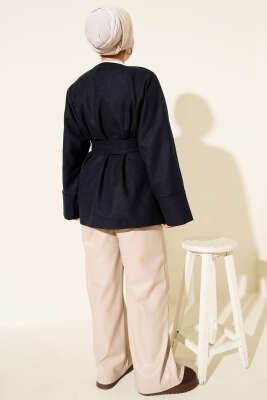 Kruvaze Yaka Kuşaklı Kaşe Ceket Lacivert - Ceket