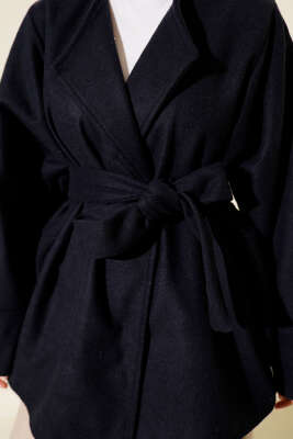 Kruvaze Yaka Kuşaklı Kaşe Ceket Lacivert - Ceket