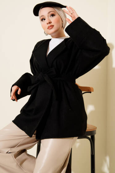 Kruvaze Yaka Kuşaklı Kaşe Ceket Siyah - Ceket
