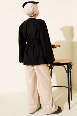 Kruvaze Yaka Kuşaklı Kaşe Ceket Siyah - Ceket