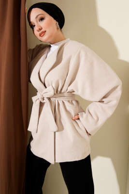 Kruvaze Yaka Kuşaklı Kaşe Ceket Taş - SAS