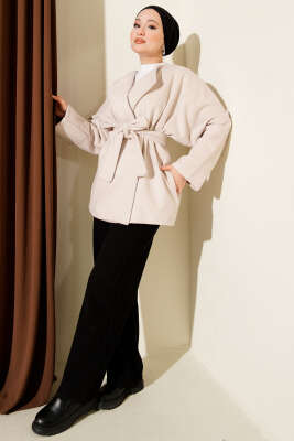 Kruvaze Yaka Kuşaklı Kaşe Ceket Taş - Ceket