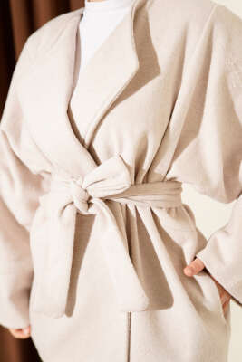 Kruvaze Yaka Kuşaklı Kaşe Ceket Taş - Ceket