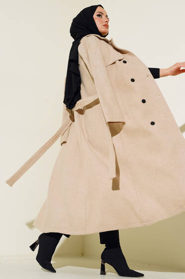 Kruvaze Yaka Kuşaklı Kaşe Kaban Bej - Kaban