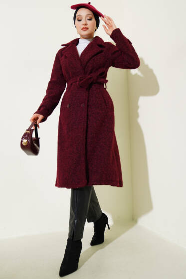 Kruvaze Yaka Kuşaklı Kaşe Kaban Bordo - Kaban