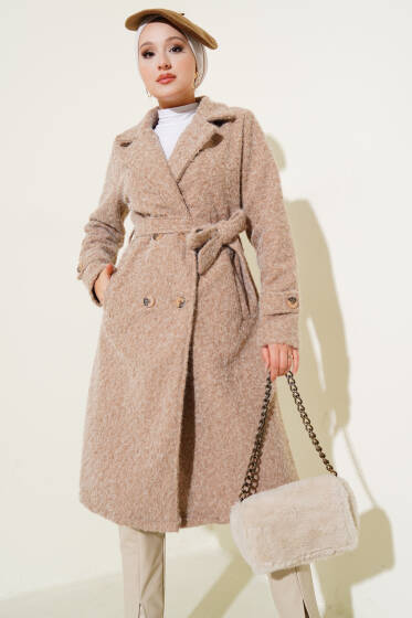 Kruvaze Yaka Kuşaklı Kaşe Kaban Camel - Kaban