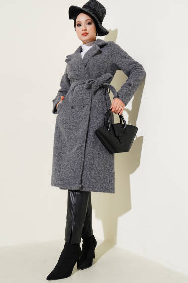 Kruvaze Yaka Kuşaklı Kaşe Kaban Füme - Kaban