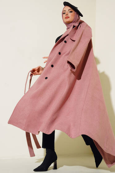 Kruvaze Yaka Kuşaklı Kaşe Kaban Gül Kurusu - Kaban