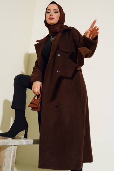 Kruvaze Yaka Kuşaklı Kaşe Kaban Kahve - Kaban