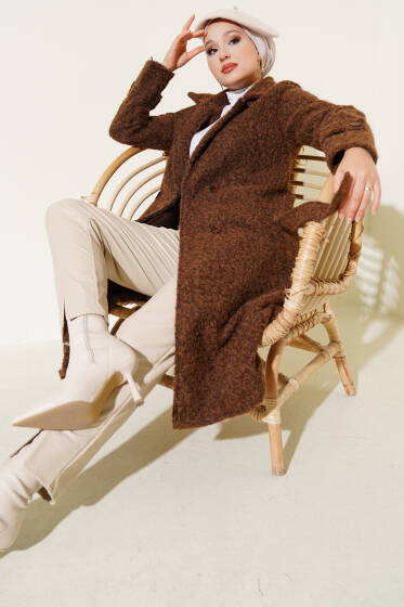 Kruvaze Yaka Kuşaklı Kaşe Kaban Taba - Kaban