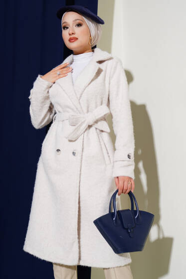 Kruvaze Yaka Kuşaklı Kaşe Kaban Taş - Kaban