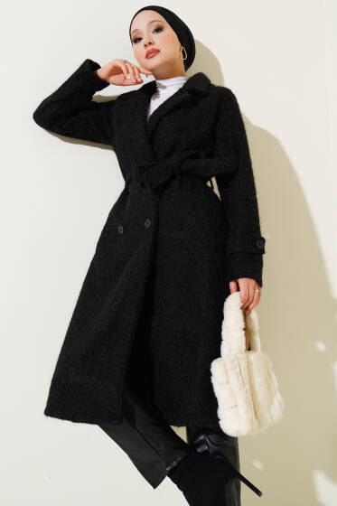 Kruvaze Yaka Kuşaklı Kaşe Kaban Siyah - Kaban