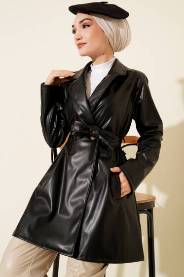 Kruvaze Yaka Kuşaklı Kısa Deri Trençkot Siyah - Trençkot
