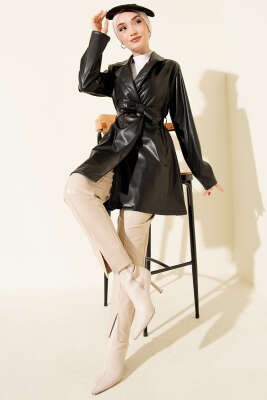 Kruvaze Yaka Kuşaklı Kısa Deri Trençkot Siyah - Trençkot