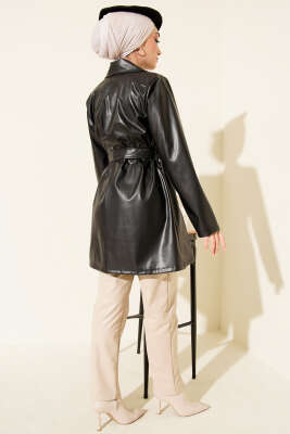 Kruvaze Yaka Kuşaklı Kısa Deri Trençkot Siyah - Trençkot