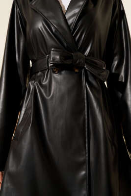 Kruvaze Yaka Kuşaklı Kısa Deri Trençkot Siyah - Trençkot