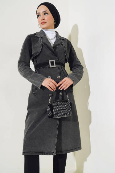 Kruvaze Yaka Kuşaklı Kot Trençkot Füme - Trençkot