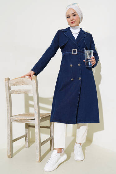 Kruvaze Yaka Kuşaklı Kot Trençkot Kot - Trençkot