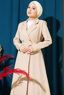 Kruvaze Yaka Kuşaklı Uzun Kap Bej - Dış Giyim&Mont