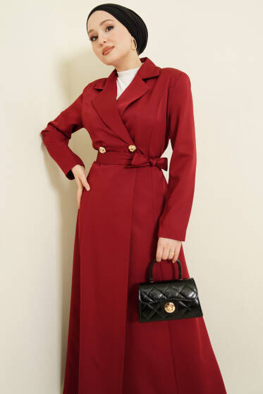Kruvaze Yaka Kuşaklı Uzun Kap Bordo - Dış Giyim&Mont