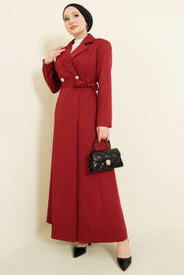 Kruvaze Yaka Kuşaklı Uzun Kap Bordo - Dış Giyim&Mont