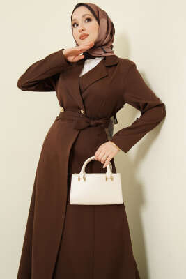Kruvaze Yaka Kuşaklı Uzun Kap Kahve - Dış Giyim&Mont