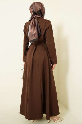 Kruvaze Yaka Kuşaklı Uzun Kap Kahve - Dış Giyim&Mont