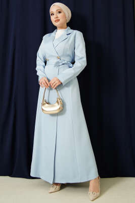 Kruvaze Yaka Kuşaklı Uzun Kap Mavi - BERAT TEKSTİL