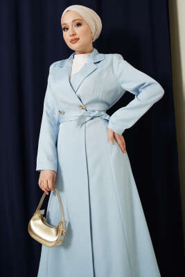 Kruvaze Yaka Kuşaklı Uzun Kap Mavi - Dış Giyim&Mont