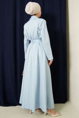 Kruvaze Yaka Kuşaklı Uzun Kap Mavi - Dış Giyim&Mont