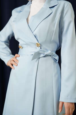 Kruvaze Yaka Kuşaklı Uzun Kap Mavi - Dış Giyim&Mont