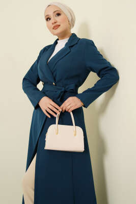 Kruvaze Yaka Kuşaklı Uzun Kap Petrol Yeşili - Dış Giyim&Mont