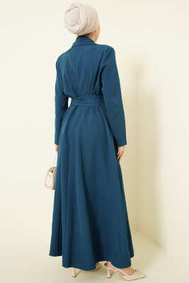 Kruvaze Yaka Kuşaklı Uzun Kap Petrol Yeşili - Dış Giyim&Mont