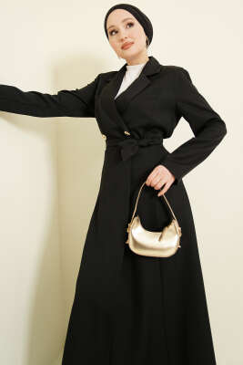 Kruvaze Yaka Kuşaklı Uzun Kap Siyah - Dış Giyim&Mont