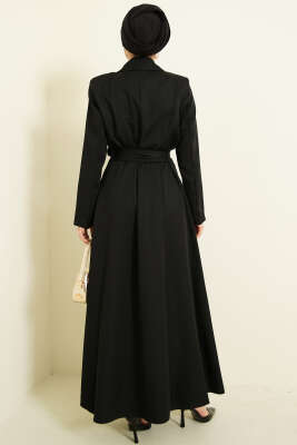 Kruvaze Yaka Kuşaklı Uzun Kap Siyah - Dış Giyim&Mont