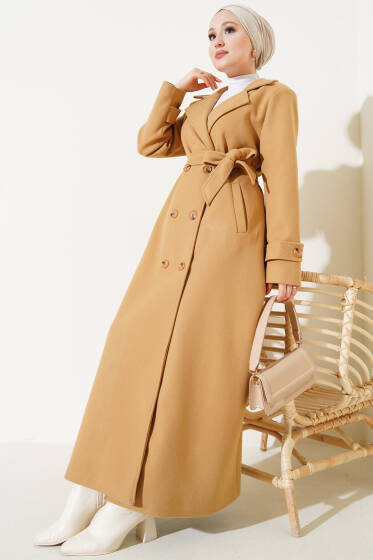 Kruvaze Yaka Kuşaklı Uzun Kaşe Kaban Camel - Kaban