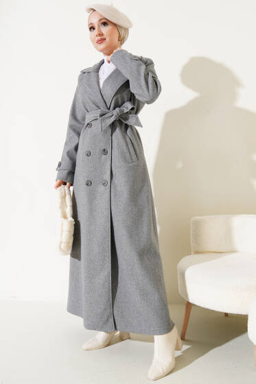 Kruvaze Yaka Kuşaklı Uzun Kaşe Kaban Gri - Kaban