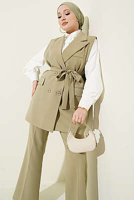 Kruvaze Yaka Kuşaklı Yelekli Takım Çağla Yeşili - GÜRZA TEKSTİL