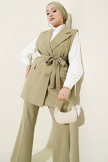 Kruvaze Yaka Kuşaklı Yelekli Takım Çağla Yeşili - İkili Takım