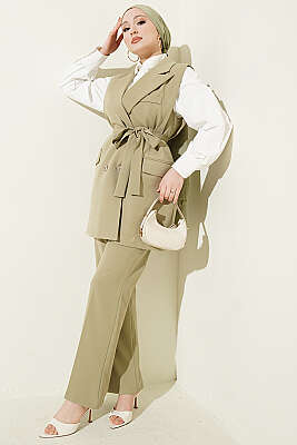 Kruvaze Yaka Kuşaklı Yelekli Takım Çağla Yeşili - İkili Takım